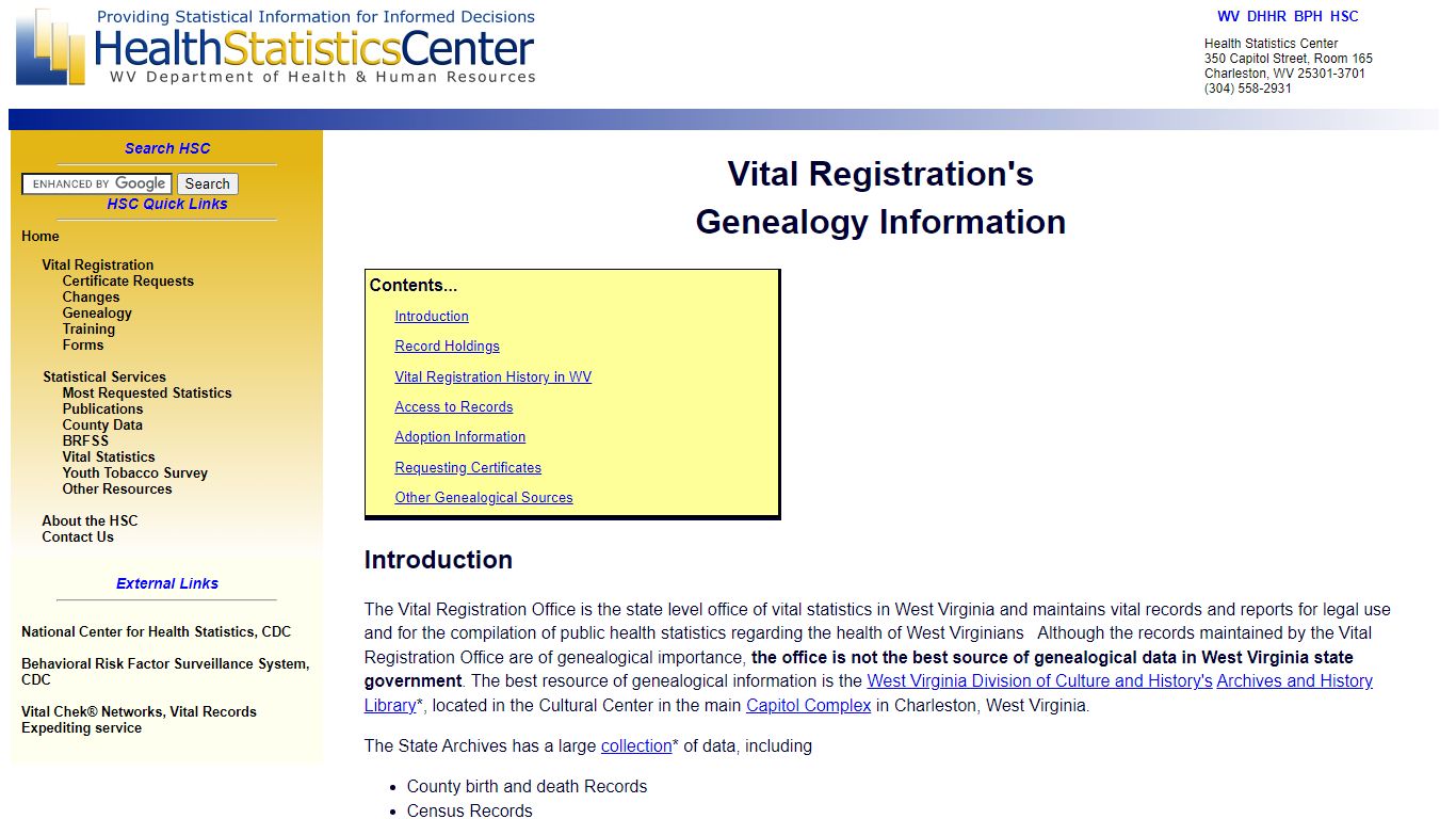 West Virginia Health Statistics Center Genealogy Page - WV DHHR